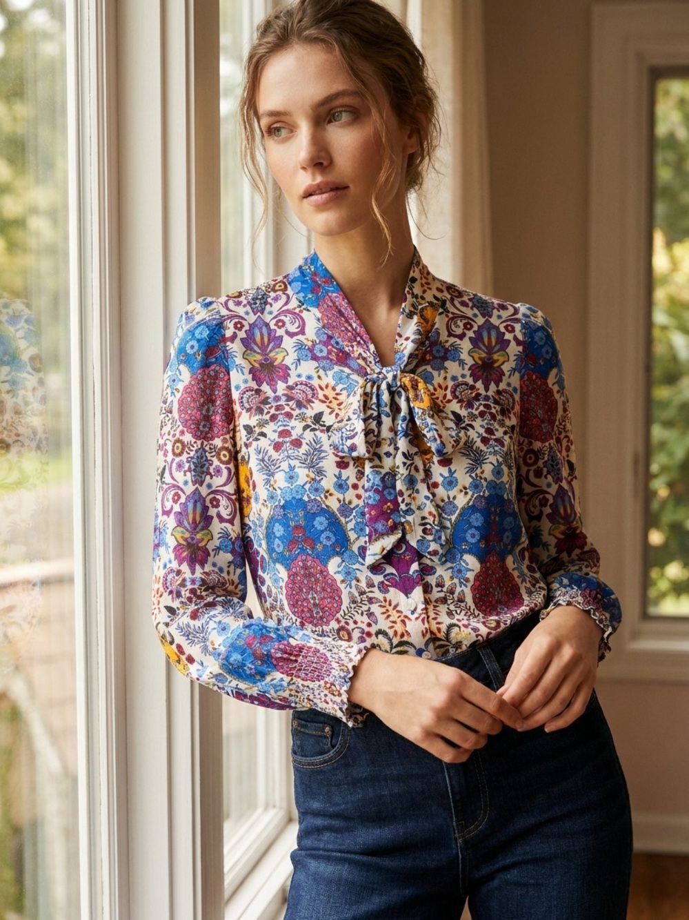 Talbots Boho Floral Tie-Neck Blouse - White/Multi